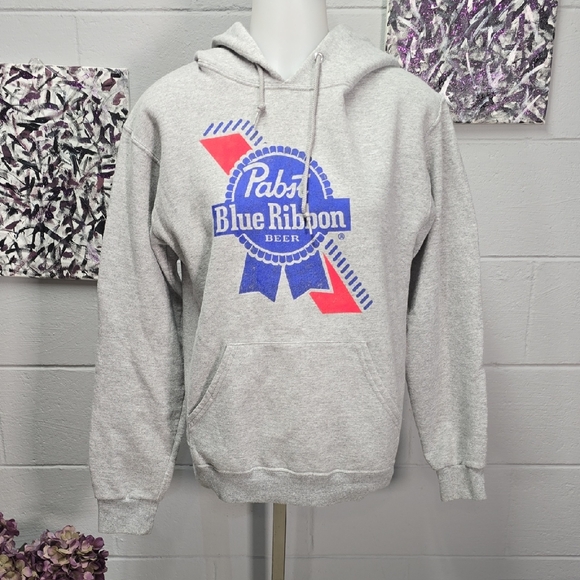 Pabst Blue Ribbon Tops - Pabst Blue Ribbon Gray Logo Hoodie - Women's Pullover Sweatshirt